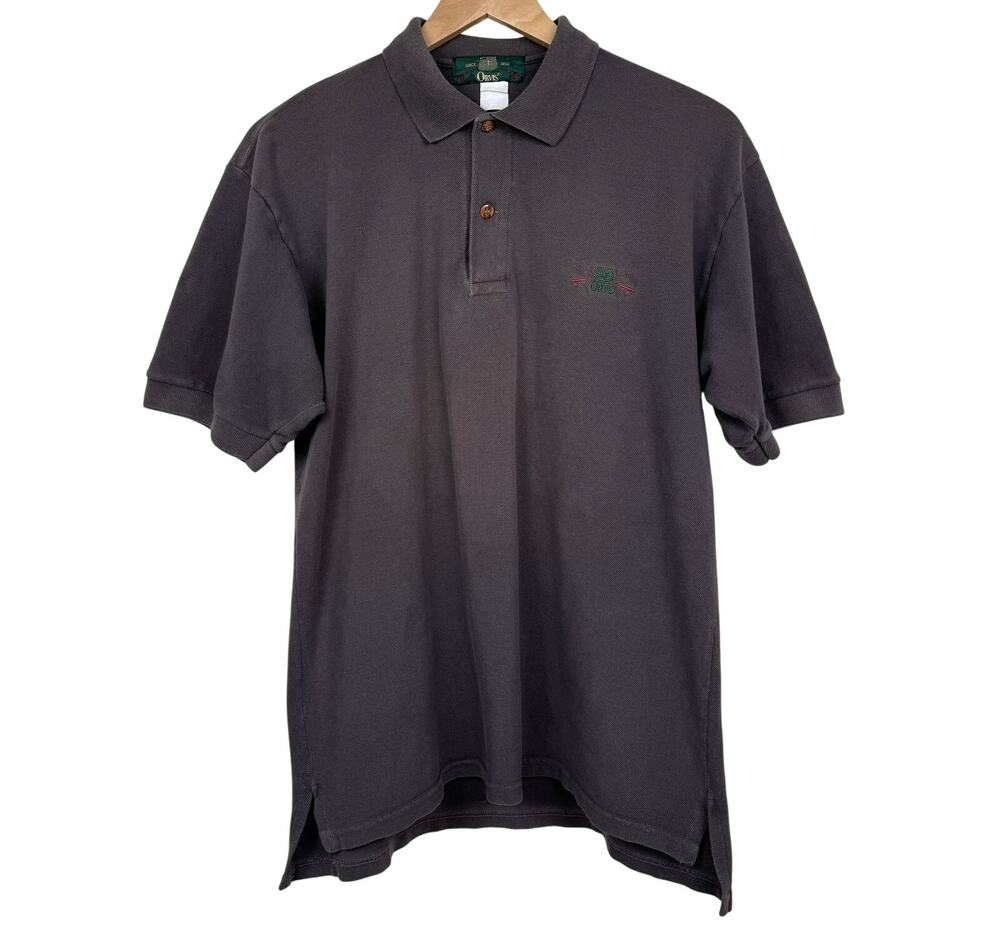 Vintage 90s Orvis Polo Shirt Gray Short Sleeve Piqué Knit Embroidered Fishing